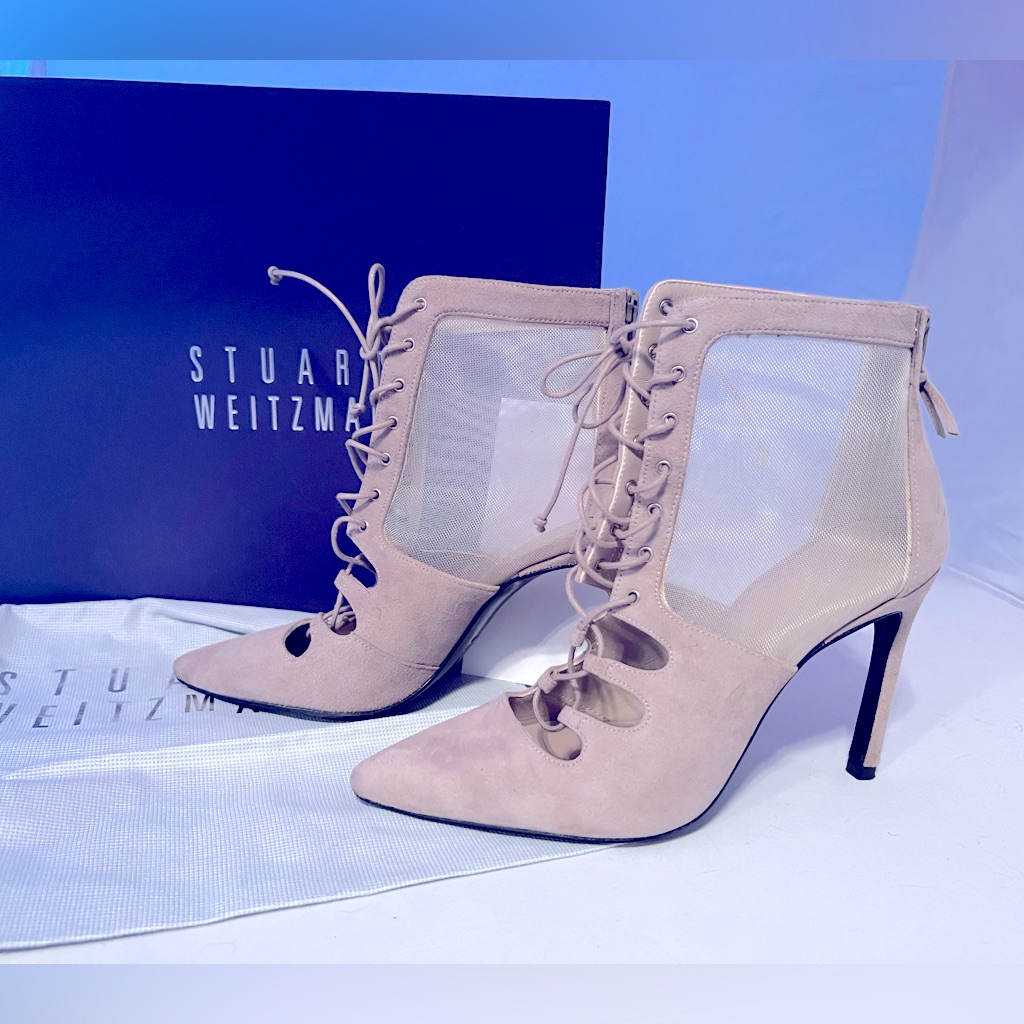 Stuart Weitzman Grey Dramaqueen Suede Mesh Lace-Up Booties/Heels 5.5